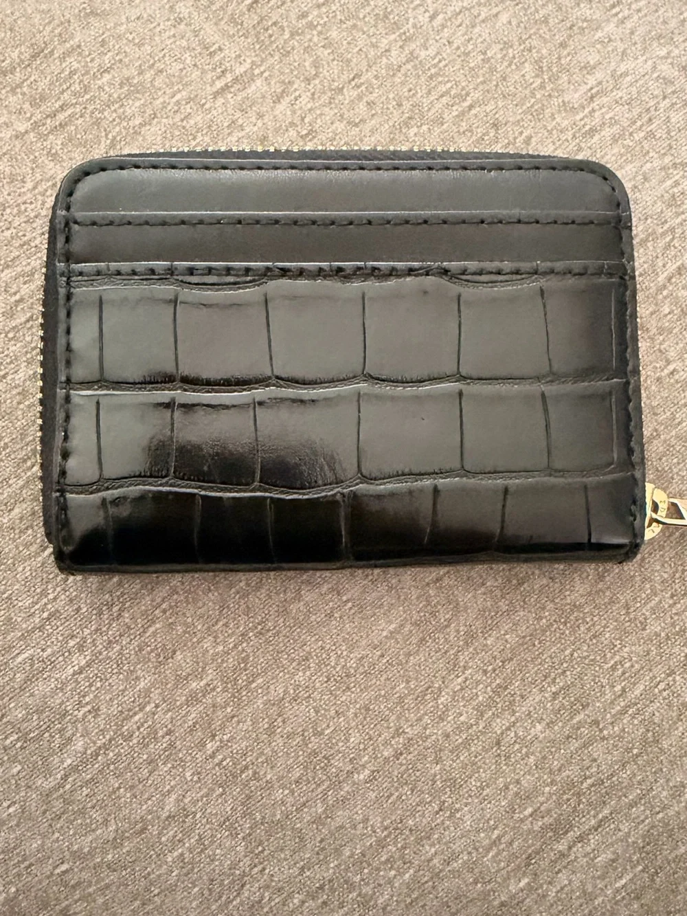 Michael Kors Black Croc-Embossed Zip Card Holder with Gold Logo
